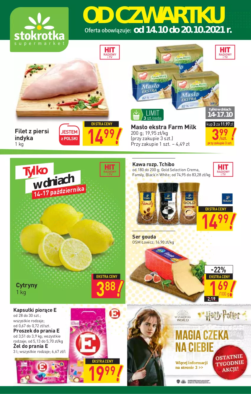 Gazetka promocyjna Stokrotka - Supermarket - ważna 14.10 do 20.10.2021 - strona 1 - produkty: Cytryny, Fa, Farm Milk, Filet z piersi indyka, Gouda, Kawa, Lack, Masło, Proszek do prania, Ser, Tchibo