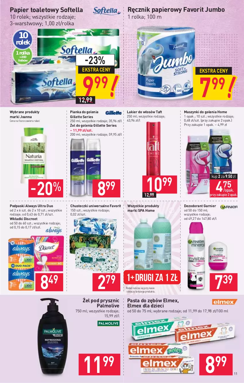 Gazetka promocyjna Stokrotka - Supermarket - ważna 14.10 do 20.10.2021 - strona 11 - produkty: Always, Always Ultra, Chusteczki, Dezodorant, Discreet, Dzieci, Elmex, Fa, Garnier, Gillette, Joanna, Lakier, Lakier do włosów, Palmolive, Papier, Papier toaletowy, Pasta do zębów, Pianka do golenia, Podpaski, Ręcznik, Ser, Taft, Wkładki