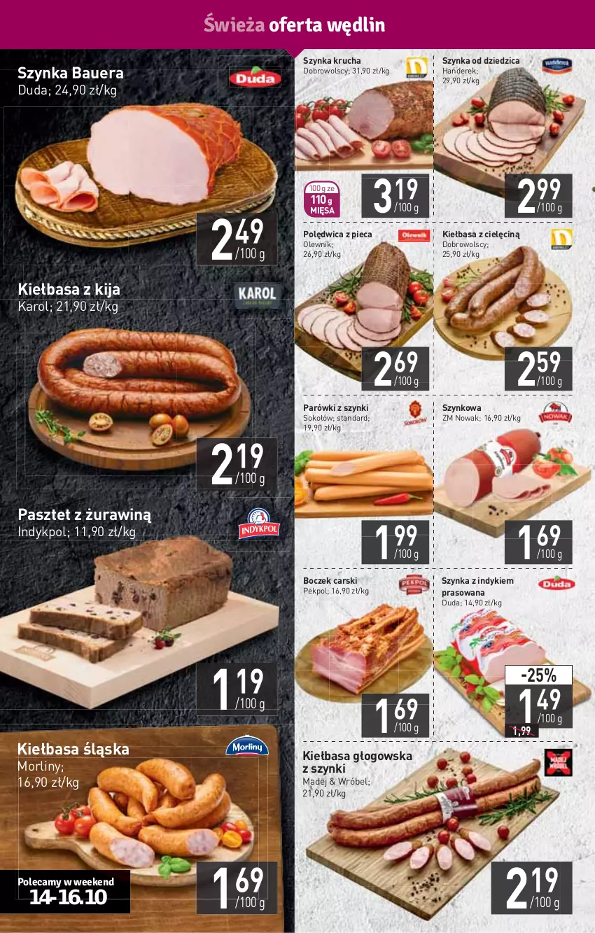 Gazetka promocyjna Stokrotka - Supermarket - ważna 14.10 do 20.10.2021 - strona 4 - produkty: Boczek, Cars, Duda, HP, Kiełbasa, Kiełbasa głogowska, Kiełbasa śląska, Morliny, NOWAK, Olewnik, Parówki, Parówki z szynki, Pasztet, Pekpol, Piec, Polędwica, Sok, Sokołów, Szynka