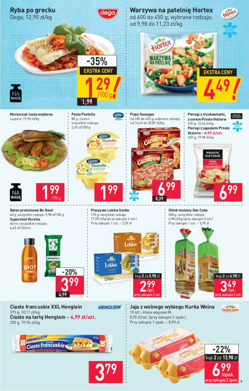 Gazetka promocyjna Stokrotka - Supermarket - ważna 14.10 do 20.10.2021 - strona 9 - produkty: Baton, Chleb, Chleb tostowy, Ciasto francuskie, Dan Cake, Dega, Hortex, Jaja, Jaja z wolnego wybiegu, Lisner, Pastella, Piec, Pieczywo, Pierogi, Pizza, Pur, Ryba, Ryba po grecku, Ser, Sonko, Tusz, Warzywa