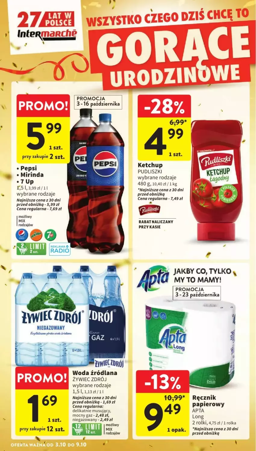 Gazetka promocyjna Intermarche - ważna 03.10 do 09.10.2024 - strona 15 - produkty: Ketchup, LANA, Mirinda, Mus, Papier, Pepsi, Pudliszki, Ręcznik, Rolki, Woda