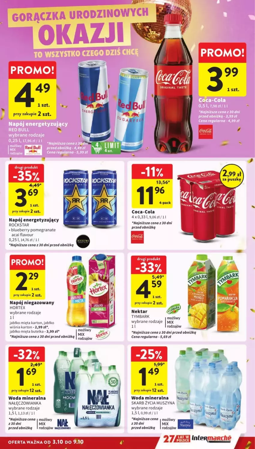 Gazetka promocyjna Intermarche - ważna 03.10 do 09.10.2024 - strona 21 - produkty: Coca-Cola, Fa, Gra, Granat, Hortex, Mięta, Mus, Nałęczowianka, Napój, Napój niegazowany, Red Bull, Rum, Szyna, Tymbark, Woda, Woda mineralna