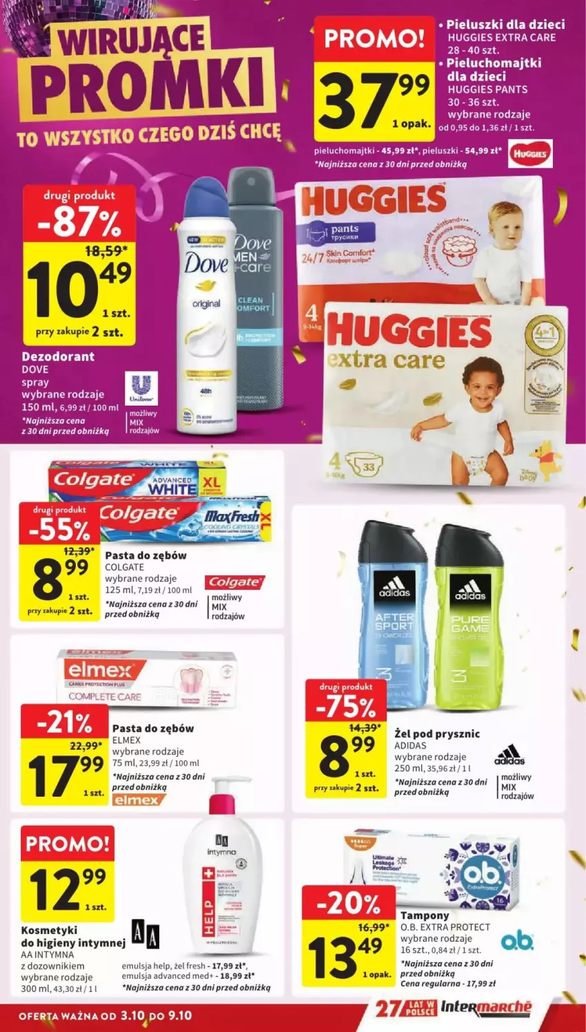 Gazetka promocyjna Intermarche - ważna 03.10 do 09.10.2024 - strona 22 - produkty: Colgate, Dezodorant, Dove, Dozownik, Dzieci, Emulsja, Fa, Huggies, LG, Majtki, O.B., Pasta do zębów, Pieluchomajtki, Tampony, Tran