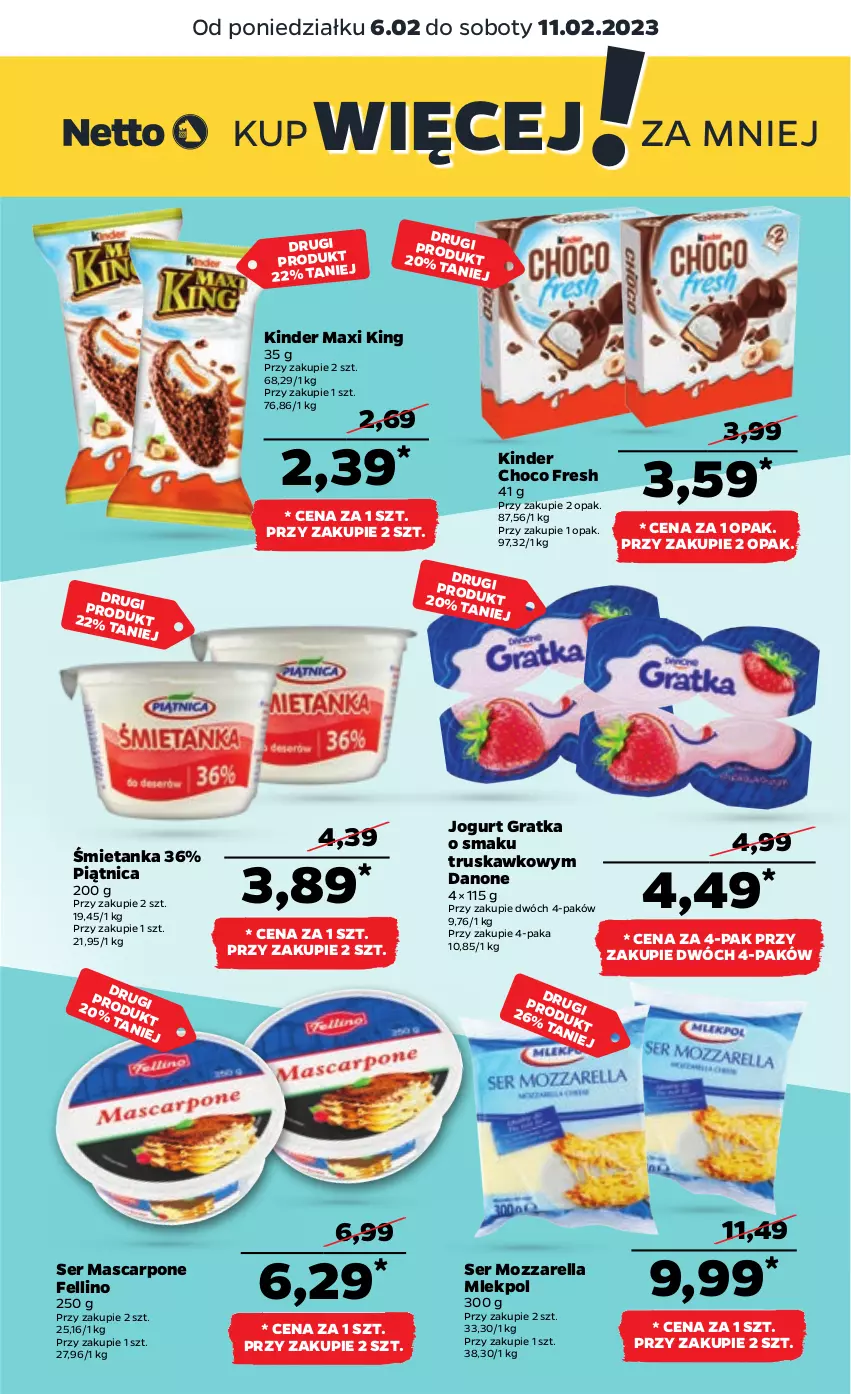 Gazetka promocyjna Netto - Artykuły spożywcze - ważna 06.02 do 11.02.2023 - strona 11 - produkty: Danone, Gra, Jogurt, Kinder, Mascarpone, Mozzarella, Piątnica, Ser