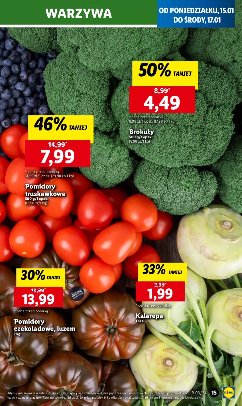 Gazetka promocyjna Lidl - GAZETKA - ważna 15.01 do 17.01.2024 - strona 15 - produkty: Brokuły, Pomidory, Warzywa