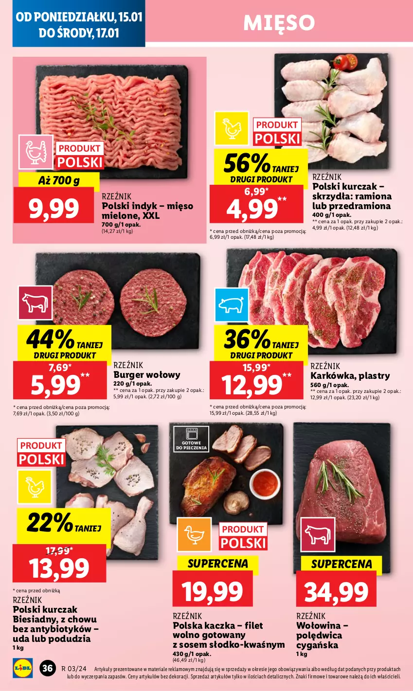 Gazetka promocyjna Lidl - GAZETKA - ważna 15.01 do 17.01.2024 - strona 36 - produkty: Burger, Kaczka, Kurczak, Mięso, Mięso mielone, Piec, Polędwica, Sos, Wołowina