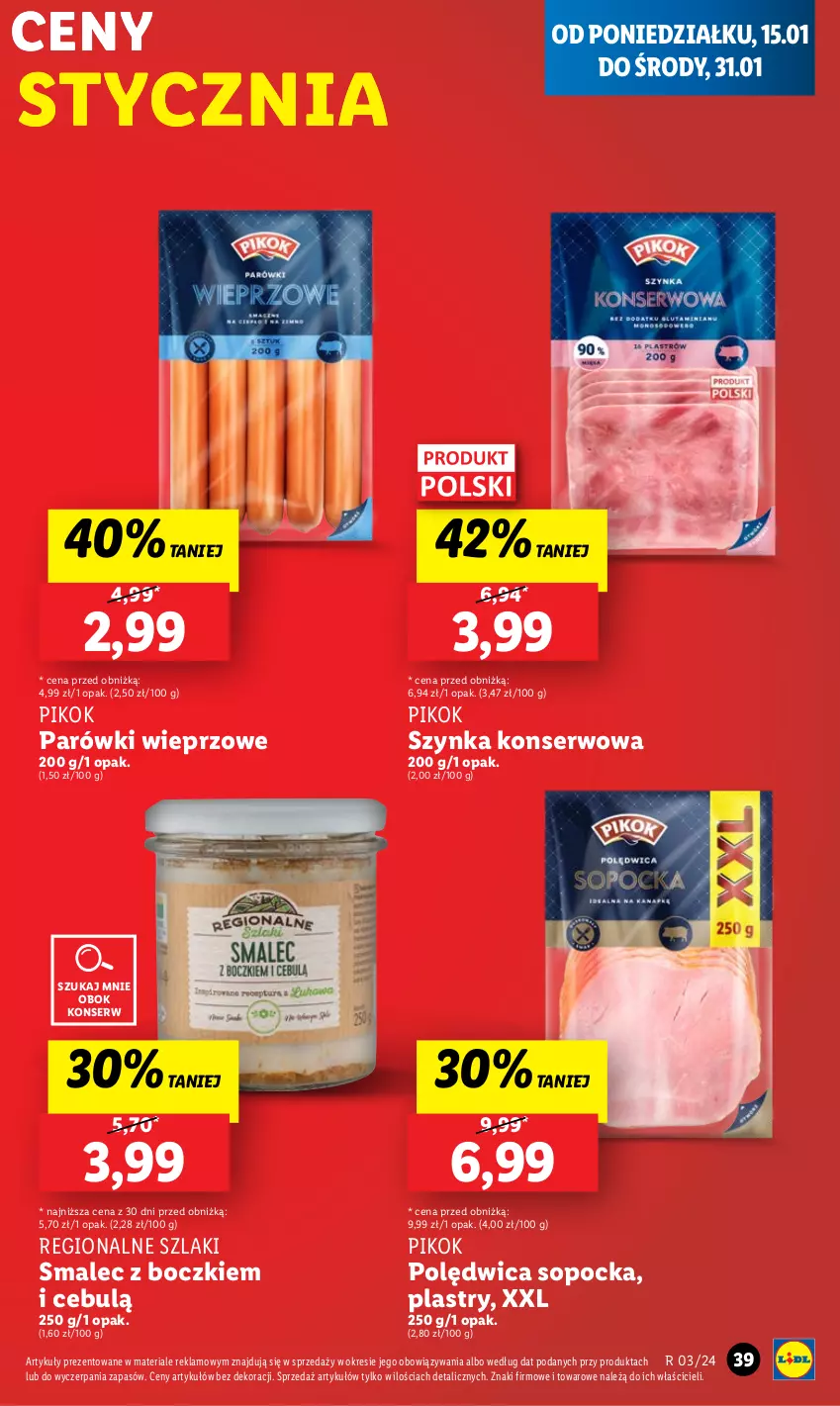 Gazetka promocyjna Lidl - GAZETKA - ważna 15.01 do 17.01.2024 - strona 39 - produkty: Parówki, PIKOK, Polędwica, Ser, Smalec, Szynka, Szynka konserwowa