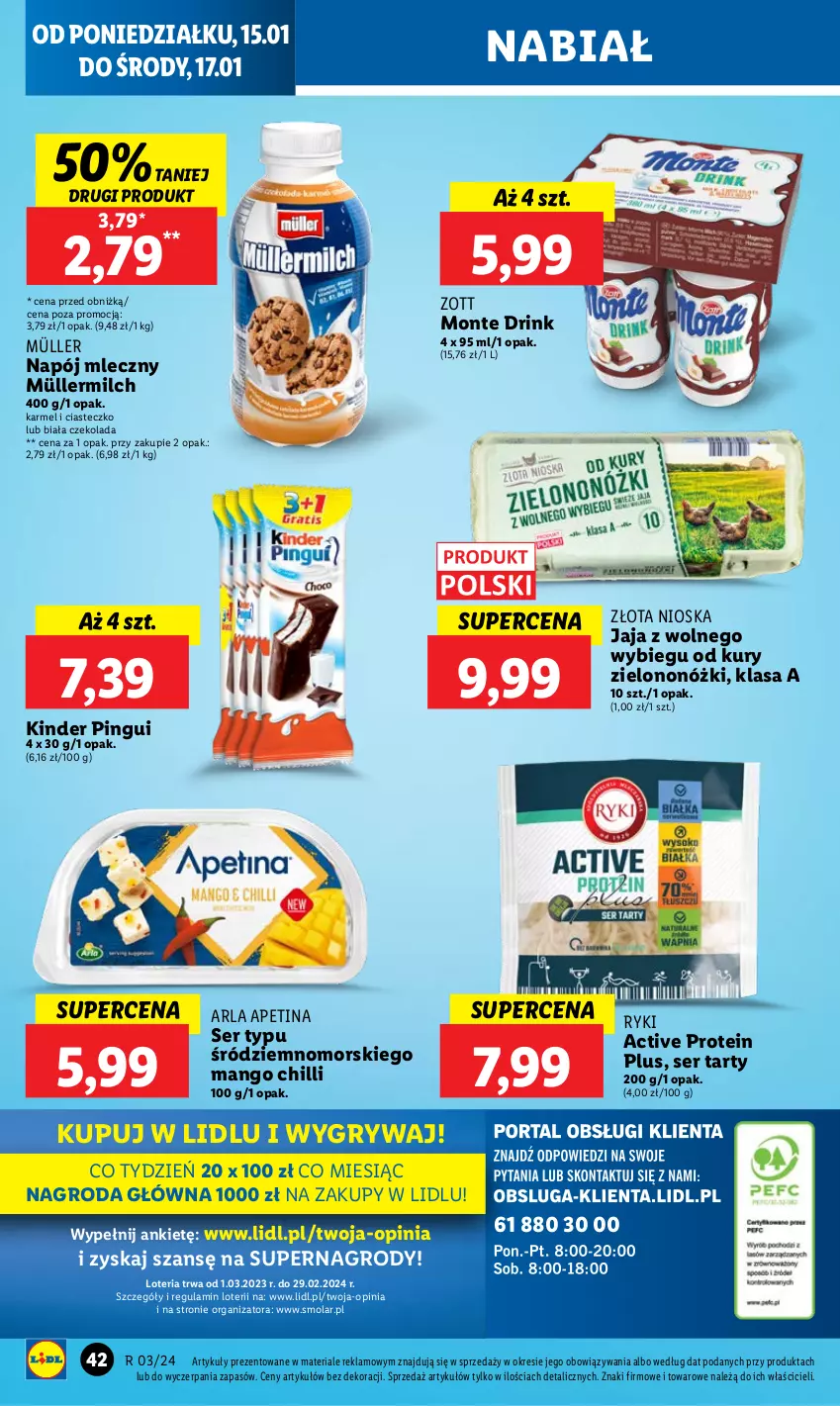 Gazetka promocyjna Lidl - GAZETKA - ważna 15.01 do 17.01.2024 - strona 42 - produkty: Czekolada, Gry, Jaja, Jaja z wolnego wybiegu, Kinder, Mango, Mola, Monte, Müller, Müllermilch, Napój, Napój mleczny, Ser, Zott