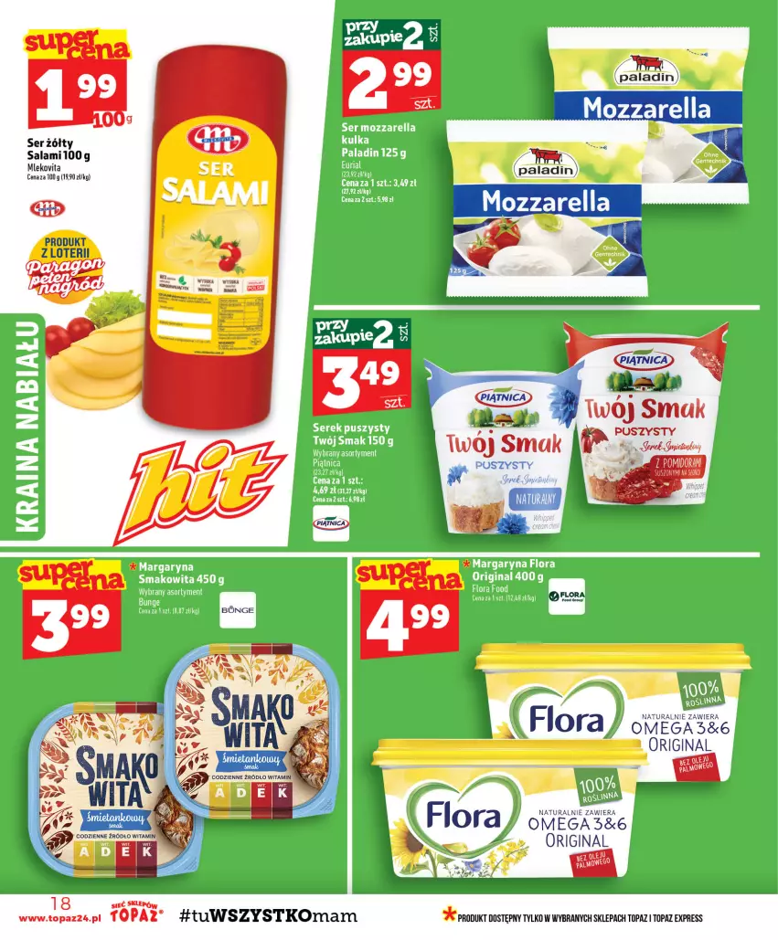 Gazetka promocyjna Topaz - Gazetka - ważna 27.08 do 02.09.2026 - strona 18 - produkty: Flora, Gin, Mleko, Mlekovita, Mozzarella, Olej, Salami, Ser, Top, Vita C