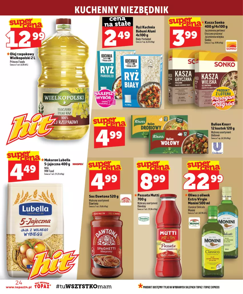 Gazetka promocyjna Topaz - Gazetka - ważna 27.08 do 02.09.2026 - strona 24 - produkty: Babuni, Bell, Bella, Bulion, Dawtona, Gin, Gry, Jaja, Kasza, Knorr, Kuchnia, Lion, Lubella, Makaron, Monini, Olej, Oliwa, Oliwa z oliwek, Ryż, Sonko, Sos, Stek, Top