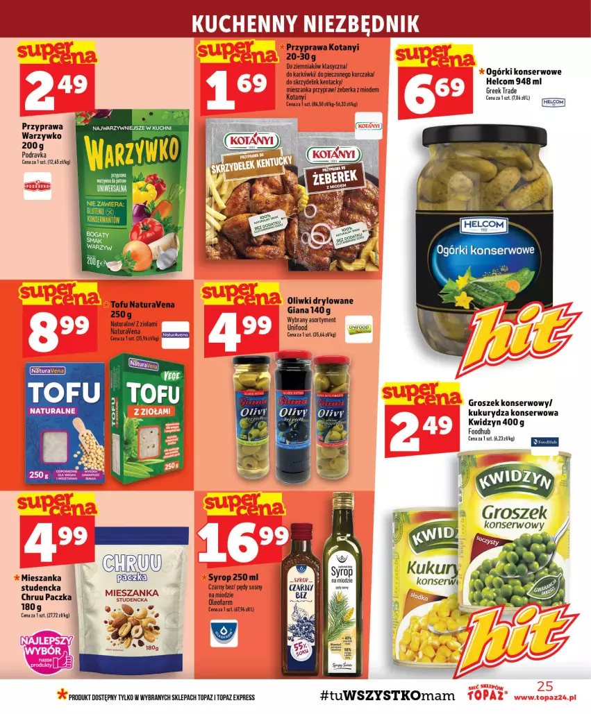 Gazetka promocyjna Topaz - Gazetka - ważna 27.08 do 02.09.2026 - strona 25 - produkty: Fa, Groszek, HELCOM, Kukurydza, Kukurydza konserwowa, Kurczak, LG, Ogórki konserwowe, Oleo, Oleofarm, Oliwki, Piec, Podravka, Ser, Sos, Syrop, Tofu, Top