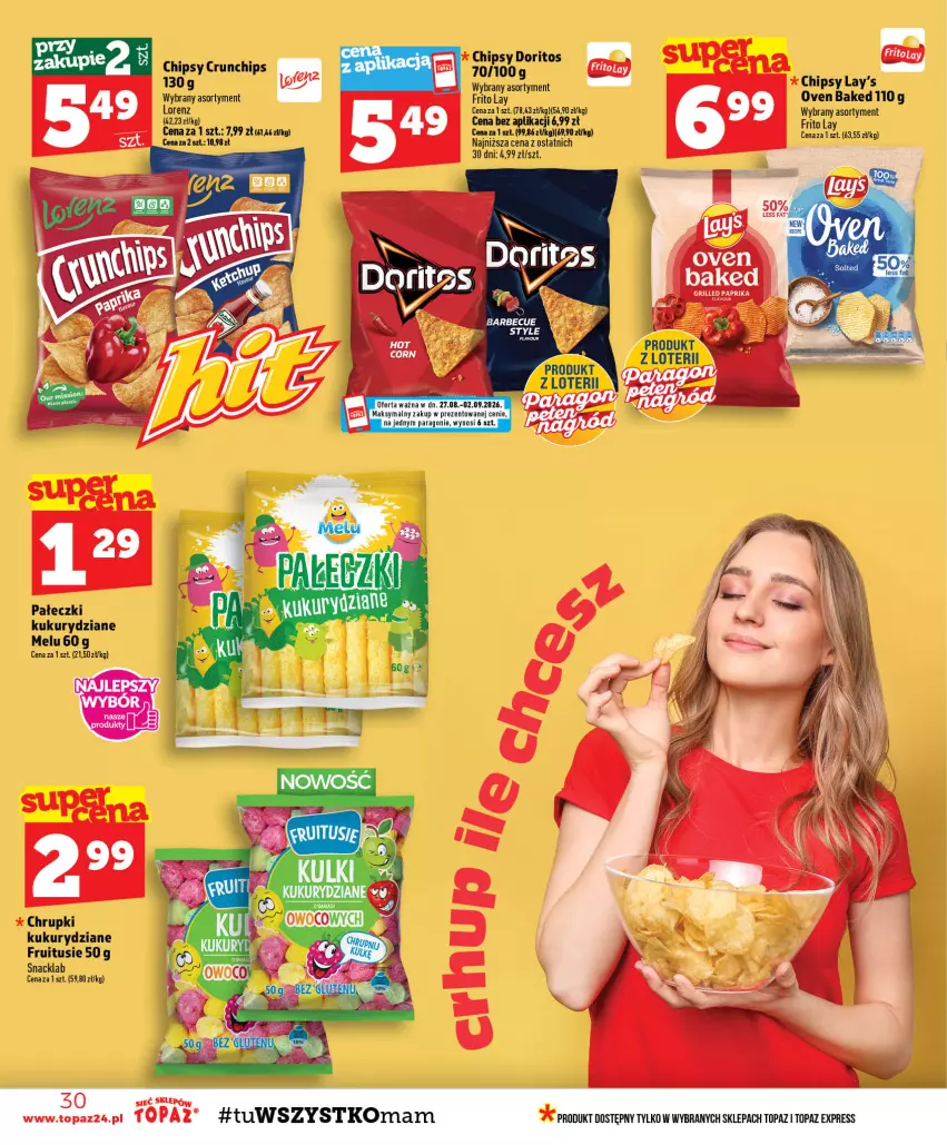 Gazetka promocyjna Topaz - Gazetka - ważna 27.08 do 02.09.2026 - strona 30 - produkty: Chipsy, Chrupki, Crunchips, Lorenz, Top