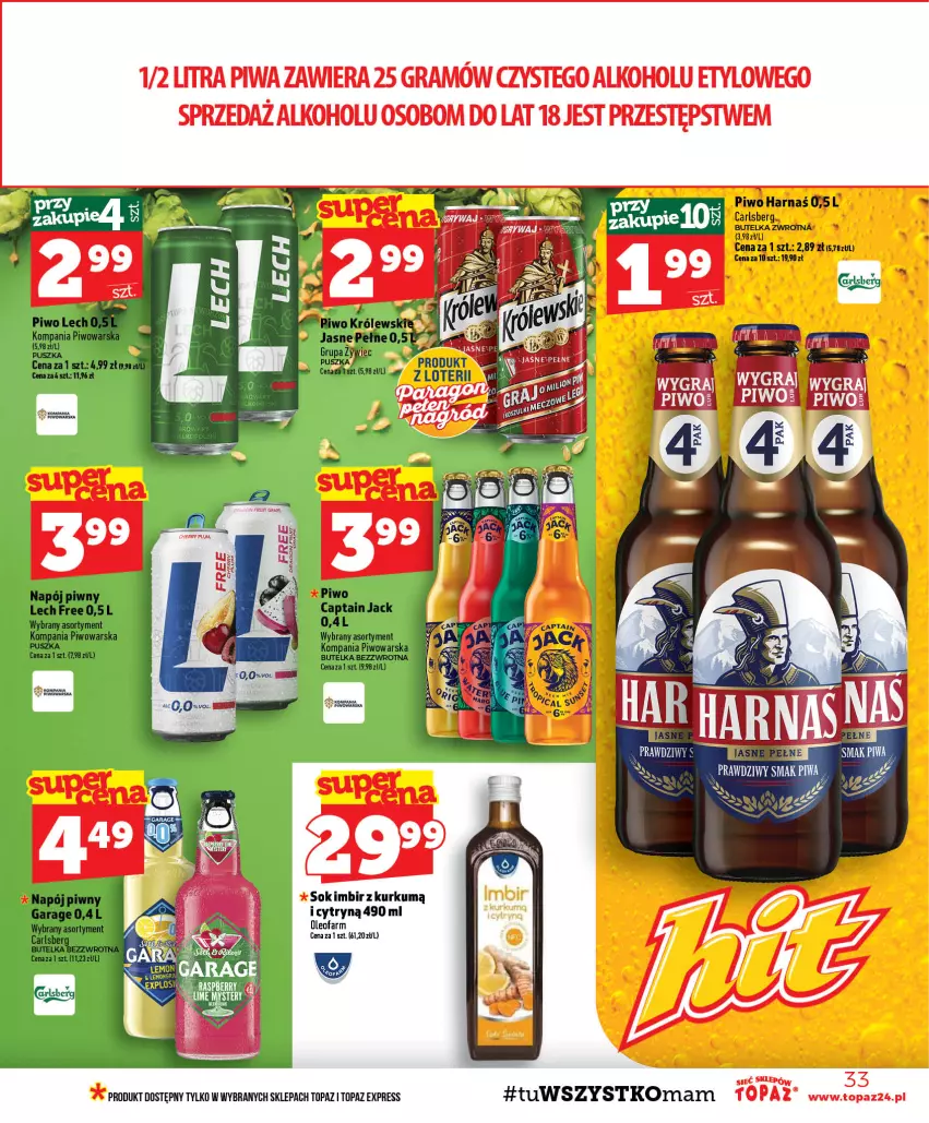 Gazetka promocyjna Topaz - Gazetka - ważna 27.08 do 02.09.2026 - strona 33 - produkty: Captain Jack, Gra, Harnaś, Imbir, Królewski, LG, Napój, Piwa, Piwo, Sok, Top