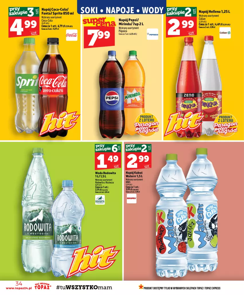Gazetka promocyjna Topaz - Gazetka - ważna 27.08 do 02.09.2026 - strona 34 - produkty: 7up, Coca-Cola, Fa, Fanta, Hellena, Kubuś, Mirinda, Napój, Pepsi, Sprite, Top, Woda