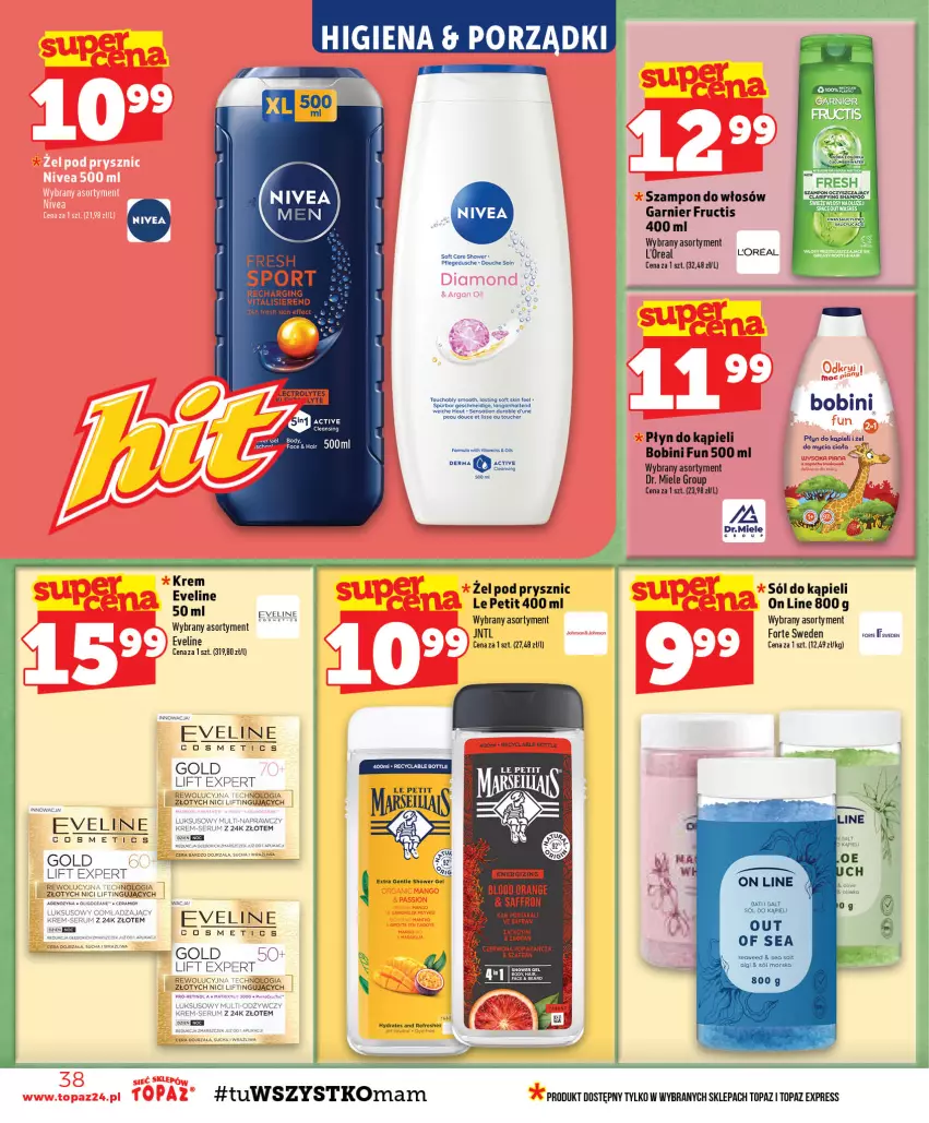 Gazetka promocyjna Topaz - Gazetka - ważna 27.08 do 02.09.2026 - strona 38 - produkty: Eveline, Fa, Fructis, Garnier, Gin, LG, Płyn do kąpieli, Por, Sati, Sól, Sól do kąpieli, Szampon, Top