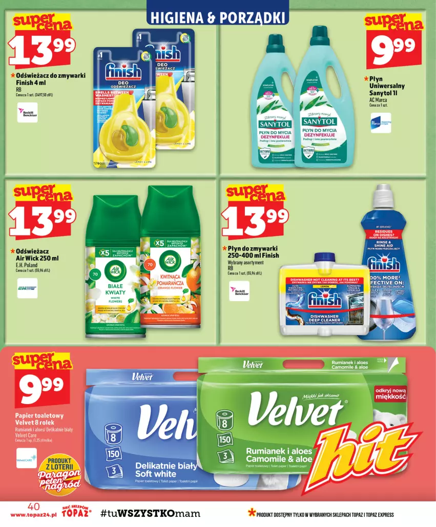 Gazetka promocyjna Topaz - Gazetka - ważna 27.08 do 02.09.2026 - strona 40 - produkty: Air Wick, Finish, LG, Odświeżacz do zmywarki, Papier, Papier toaletowy, Płyn do mycia, Płyn nabłyszczający, Por, Rum, Sanytol, Ser, Top, Zmywarki