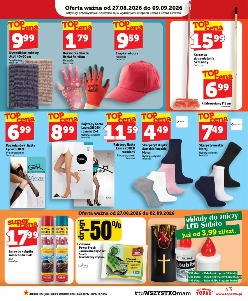 Gazetka promocyjna Topaz - Gazetka - ważna 27.08 do 02.09.2026 - strona 43 - produkty: Candy, Czapka, Dywan, Dywanik, Dywanik łazienkowy, Gatta, Jan Niezbędny, Karp, LANA, Laur, Rajstopy, Rękawice, Rękawice robocze, Szczotka, Top