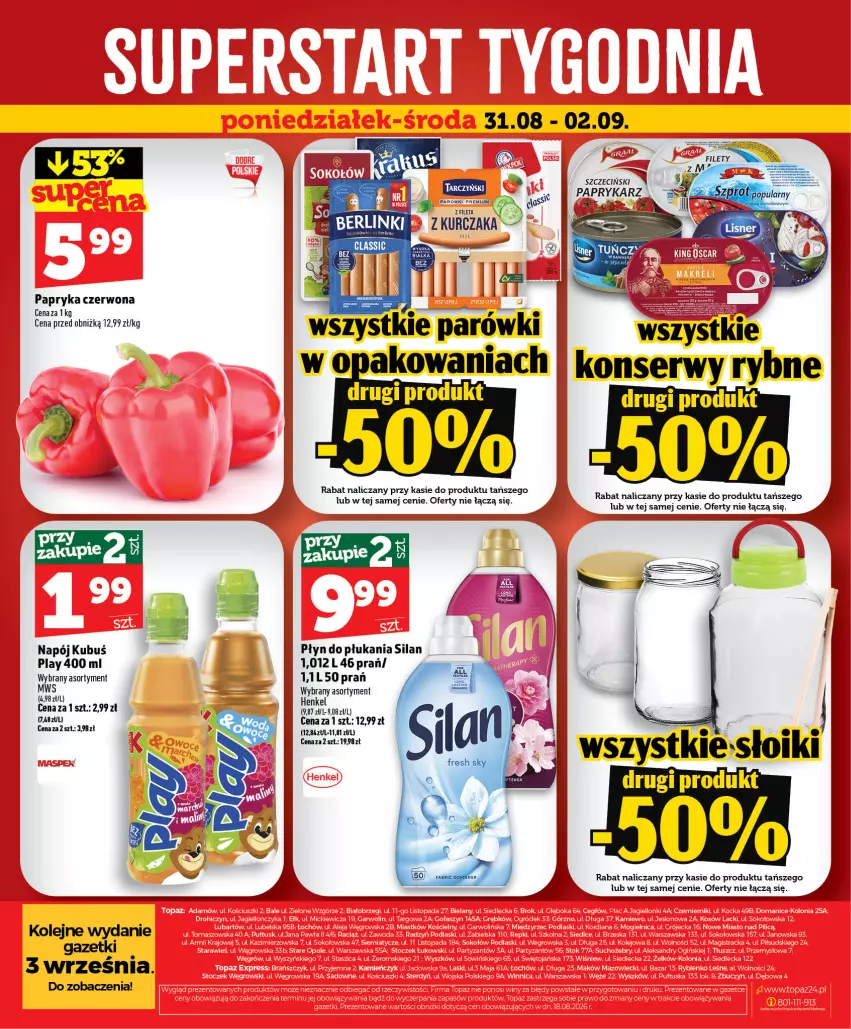 Gazetka promocyjna Topaz - Gazetka - ważna 27.08 do 02.09.2026 - strona 44 - produkty: Kubuś, Kurczak, Napój, Olej, Papryka, Papryka czerwona, Paprykarz, Parówki, Ser, Silan, Tarczyński