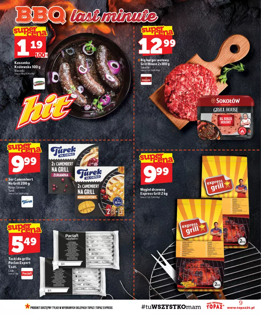 Gazetka promocyjna Topaz - Gazetka - ważna 27.08 do 02.09.2026 - strona 9 - produkty: Burger, Camembert, Grill, Kasza, Kaszanka, Ser, Top, Węgiel drzewny