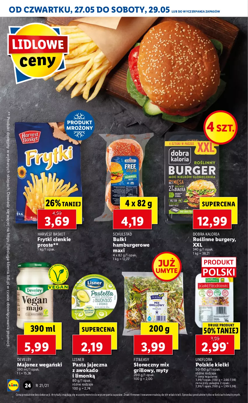 Gazetka promocyjna Lidl - GAZETKA - ważna 27.05 do 29.05.2021 - strona 24 - produkty: Burger, Flora, Frytki, Grill, Hamburger, Kiełki, Lisner, Majonez