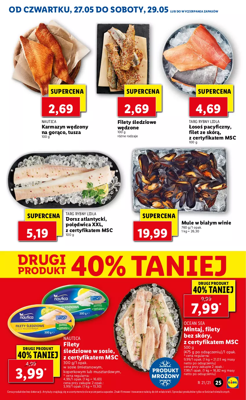 Gazetka promocyjna Lidl - GAZETKA - ważna 27.05 do 29.05.2021 - strona 25 - produkty: Dorsz, Karmazyn wędzony, Mintaj, Mule, Mus, Polędwica, Sos, Tusz