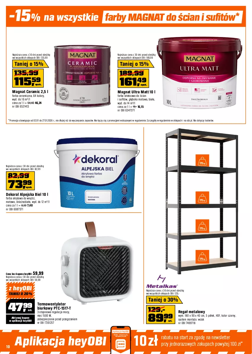 Gazetka promocyjna Obi - Gazetka OBI - ważna 02.01 do 27.01.2026 - strona 10 - produkty: Akumulator, Biurko, Dekoral, Fa, Farba akrylowa, Farba ceramiczna, Farba lateksowa, Kawa, Kompresor, Kurtka, Magnat Ceramic, Maska, Odkurzacz, Piec, Przewód, Rama, Regał, Regał metalowy, Szlifierka, Szlifierka kątowa, Tarka, Termowentylator, Top, Tran, Warka, Wkręt, Wkrętarka