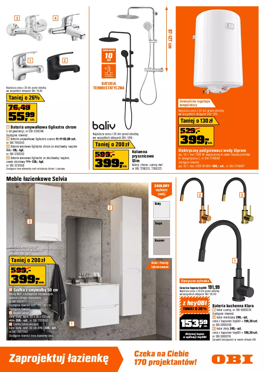 Gazetka promocyjna Obi - Gazetka OBI - ważna 02.01 do 27.01.2026 - strona 9 - produkty: Bateria, Bateria kuchenna, Bateria umywalkowa, Bateria wannowa, Brodzik, Deska sedesowa, Deska wolnoopadająca, Fa, Gra, Kabina prysznicowa, Kompakt WC, Kosz, Lakier, Meble, Meble łazienkowe, Miska, Piec, Ser, Słupek, Szafka, Termos, Top, Tran
