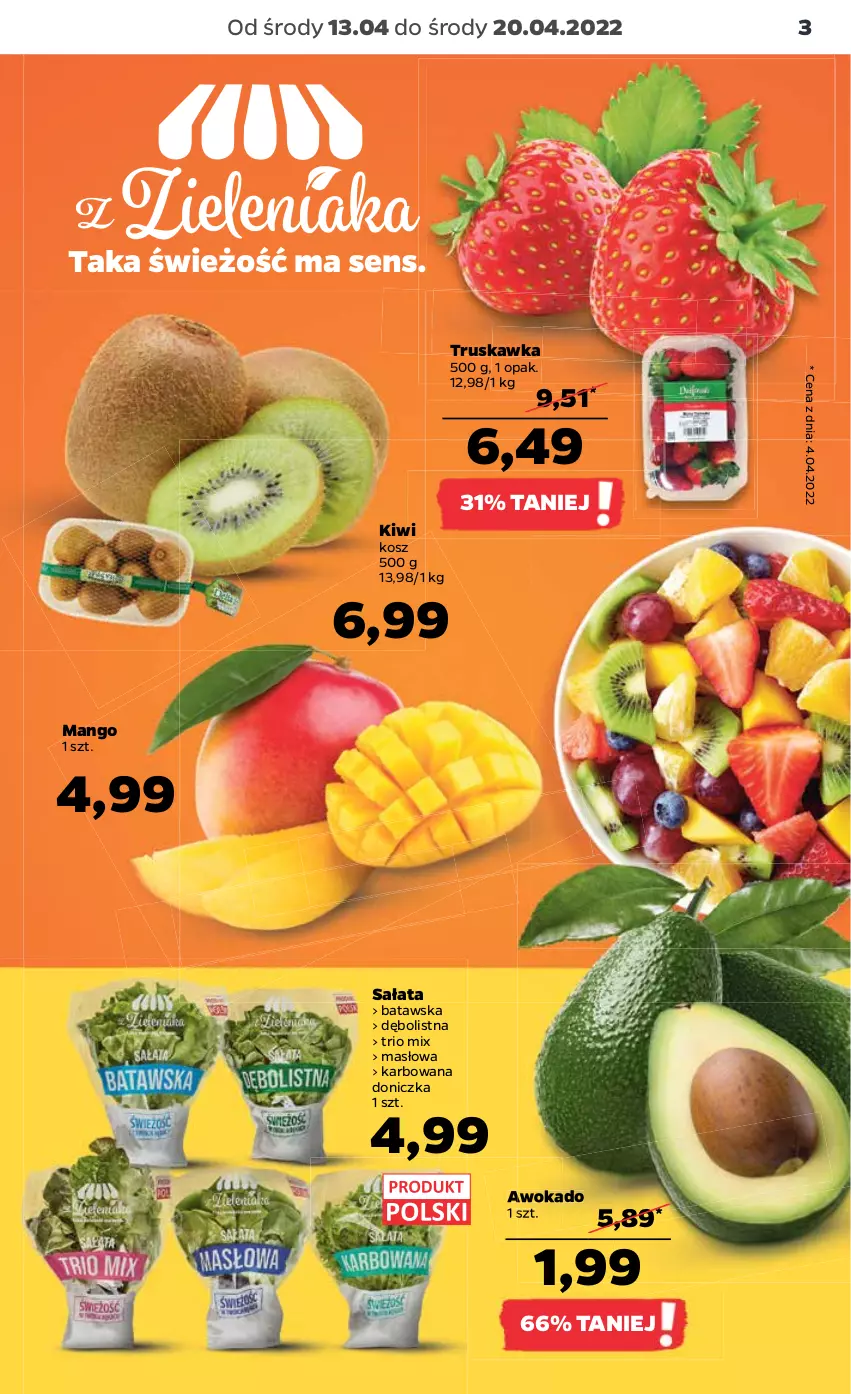 Gazetka promocyjna Netto - Gazetka spożywcza 13.04-20.04 - ważna 13.04 do 20.04.2022 - strona 3 - produkty: Kiwi, Kosz, Mango, Masło, Sałat