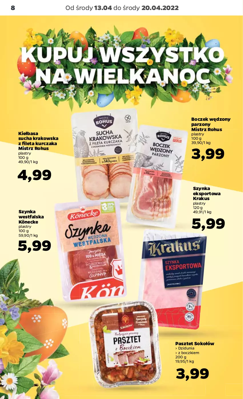 Gazetka promocyjna Netto - Gazetka spożywcza 13.04-20.04 - ważna 13.04 do 20.04.2022 - strona 8 - produkty: Boczek, Fa, Kiełbasa, Krakus, Kurczak, Pasztet, Por, Sok, Sokołów, Sport, Szynka