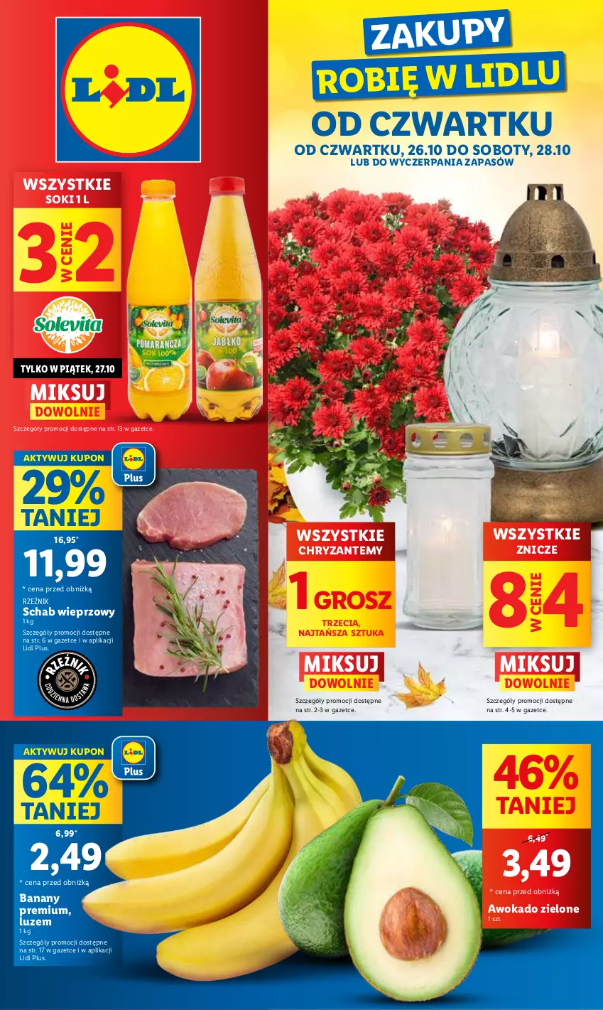 Gazetka promocyjna Lidl - GAZETKA - ważna 26.10 do 28.10.2023 - strona 1 - produkty: Banany, Schab wieprzowy, Sok, Znicz