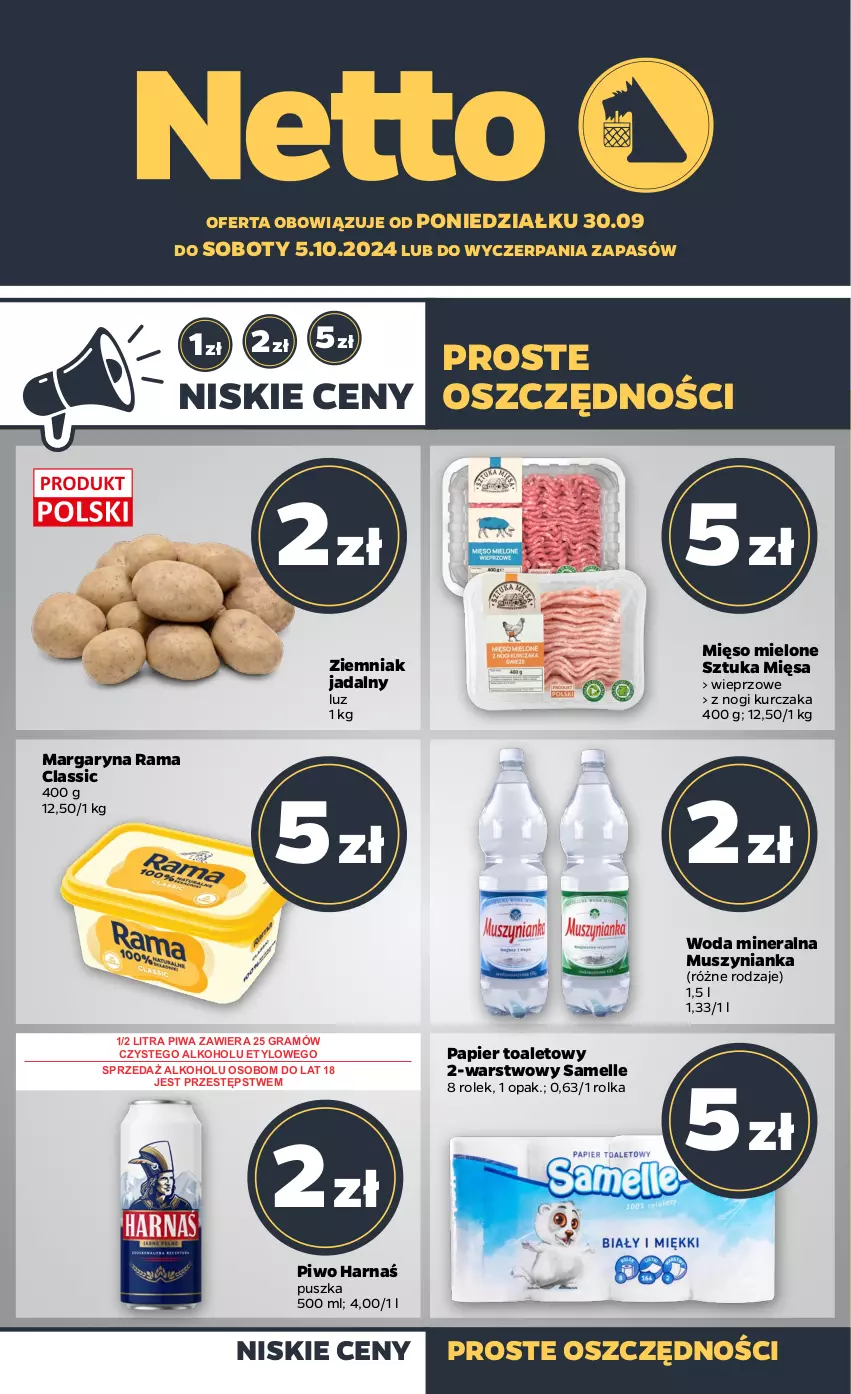 Gazetka promocyjna Netto - Netto Gazetka Food 40/24A - ważna 30.09 do 05.10.2024 - strona 1 - produkty: Gra, Harnaś, Kurczak, Margaryna, Mięso, Mięso mielone, Mus, Muszynianka, Papier, Papier toaletowy, Piwa, Piwo, Rama, Woda, Woda mineralna