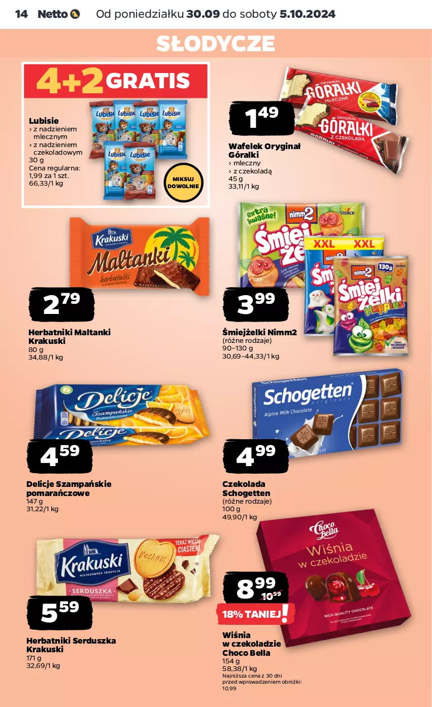 Gazetka promocyjna Netto - Netto Gazetka Food 40/24A - ważna 30.09 do 05.10.2024 - strona 14 - produkty: Bell, Bella, Czekolada, Delicje, Gin, Góralki, Gra, Herbatniki, Krakus, Krakuski, Lubisie, Nimm2, Schogetten, Ser, Wafelek