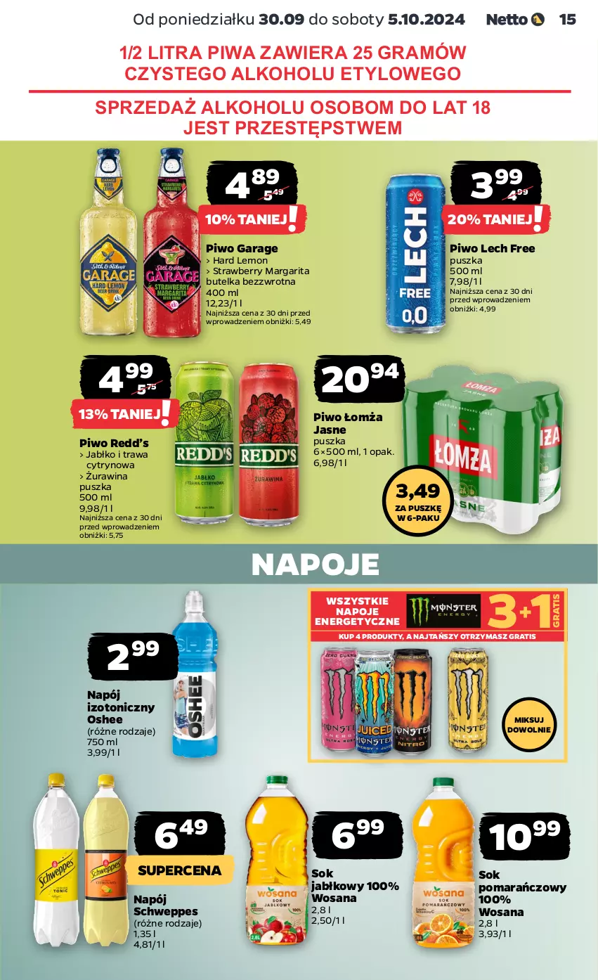 Gazetka promocyjna Netto - Netto Gazetka Food 40/24A - ważna 30.09 do 05.10.2024 - strona 15 - produkty: Gra, Napój, Napój izotoniczny, Napoje, Oshee, Piwa, Piwo, Schweppes, Sok, Sok jabłkowy, Sok pomarańczowy, Wosana