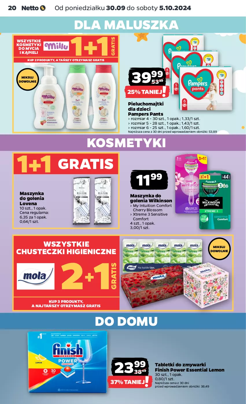 Gazetka promocyjna Netto - Netto Gazetka Food 40/24A - ważna 30.09 do 05.10.2024 - strona 20 - produkty: Chusteczki, Dzieci, Finish, Gra, Majtki, Maszynka, Maszynka do golenia, Pampers, Pieluchomajtki, Szynka, Tablet, Tabletki do zmywarki, Zmywarki