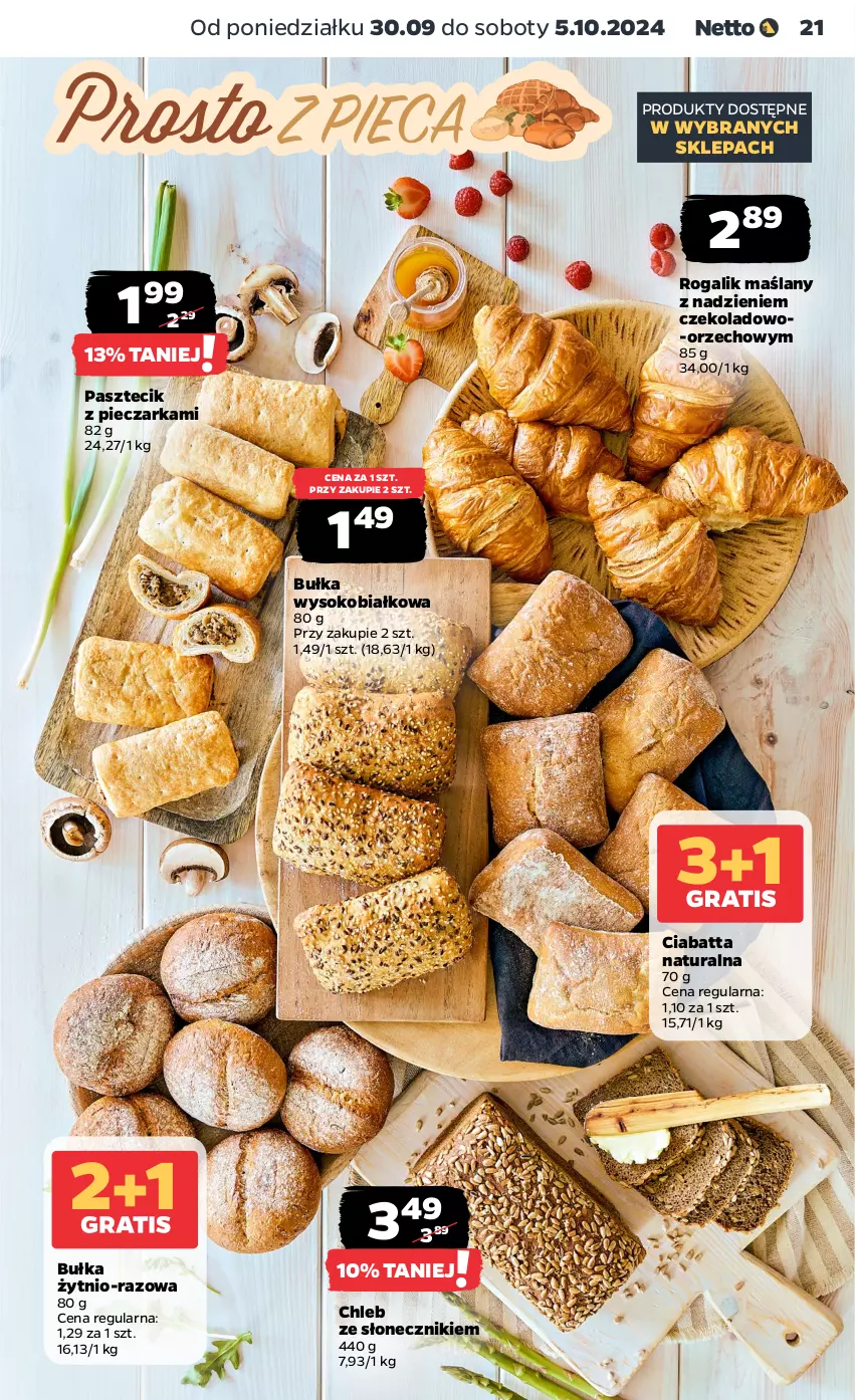 Gazetka promocyjna Netto - Netto Gazetka Food 40/24A - ważna 30.09 do 05.10.2024 - strona 21 - produkty: Bułka, Chleb, Ciabatta, Pasztecik z pieczarkami, Piec, Pieczarka, Rogal, Sok