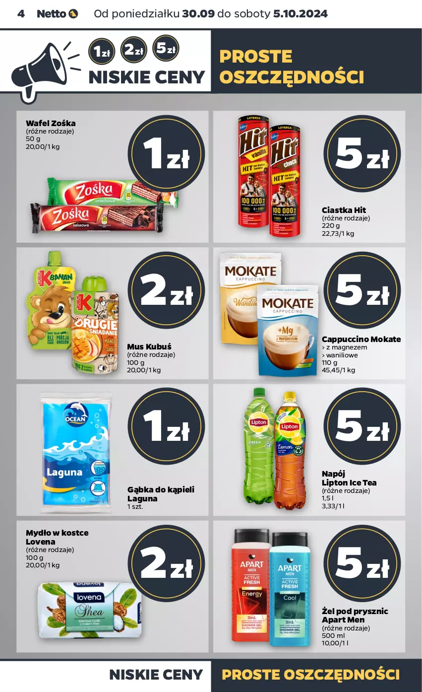 Gazetka promocyjna Netto - Netto Gazetka Food 40/24A - ważna 30.09 do 05.10.2024 - strona 4 - produkty: Cappuccino, Ciastka, Ice tea, Kubuś, Lipton, Magnez, Mus, Mydło, Napój