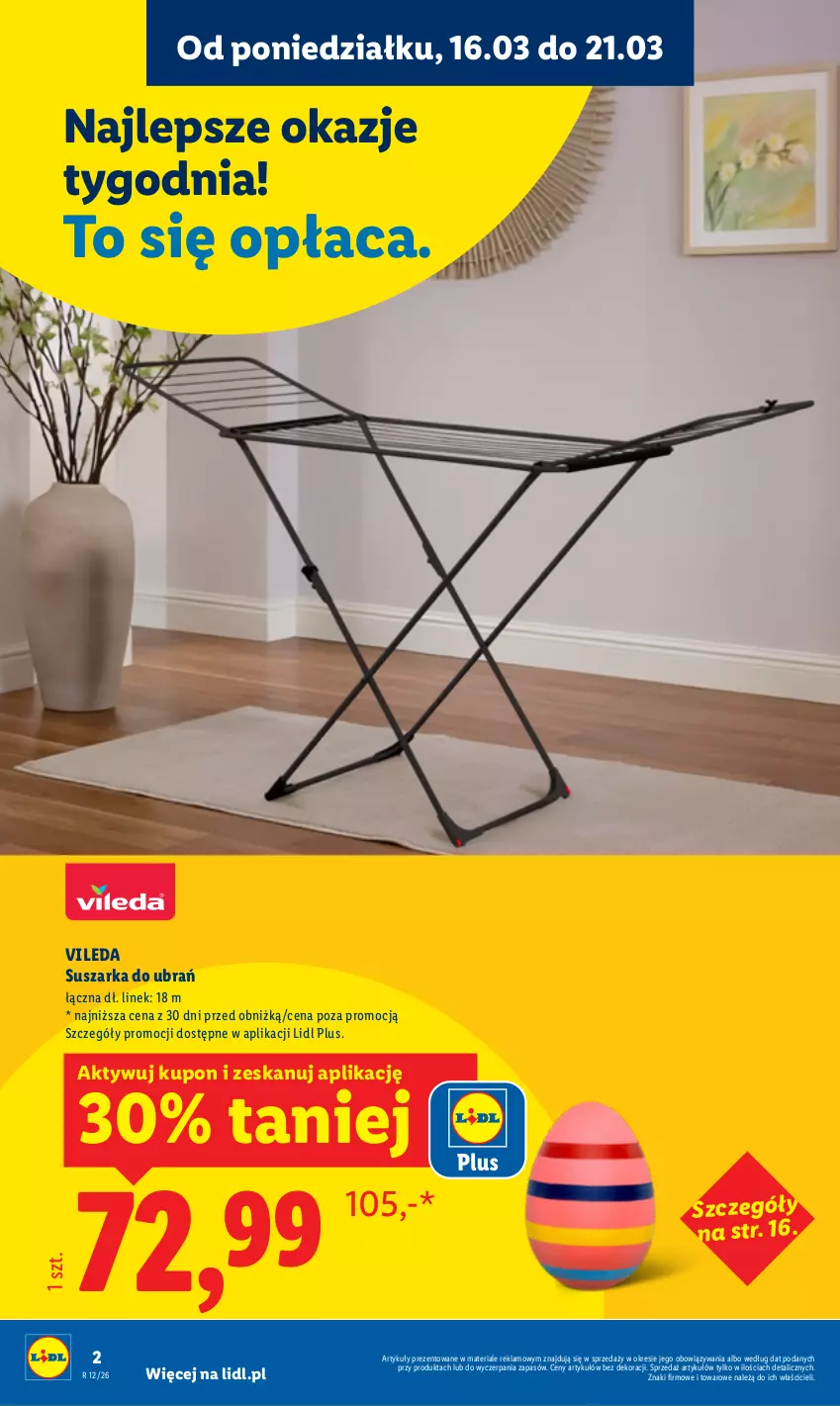 Gazetka promocyjna Lidl - Oferta ważna od 16.03 - ważna 16.03 do 21.03.2026 - strona 2 - produkty: Suszarka, Suszarka do ubrań, Vileda