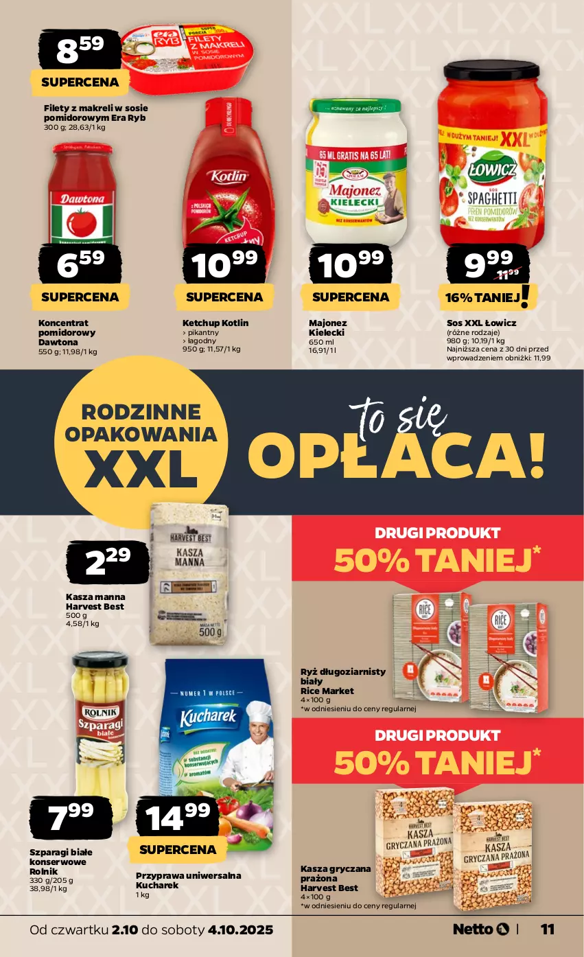 Gazetka promocyjna Netto - Od Czwartku - ważna 02.10 do 04.10.2025 - strona 11 - produkty: Dawtona, Era Ryb, Gry, Kasza, Kasza gryczana, Ketchup, Koncentrat pomidorowy, Kotlin, Kucharek, Majonez, Przyprawa uniwersalna, Rolnik, Ryż, Ser, Sos