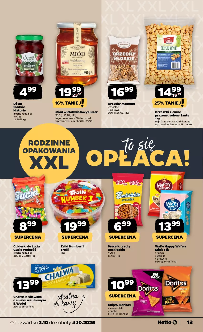 Gazetka promocyjna Netto - Od Czwartku - ważna 02.10 do 04.10.2025 - strona 13 - produkty: Beskidzki, Brownie, Chałwa, Chipsy, Cukier, Cukierki, Dżem, Kakao, Miód, Orzeszki, Orzeszki ziemne, Precelki, Sante, Wafle