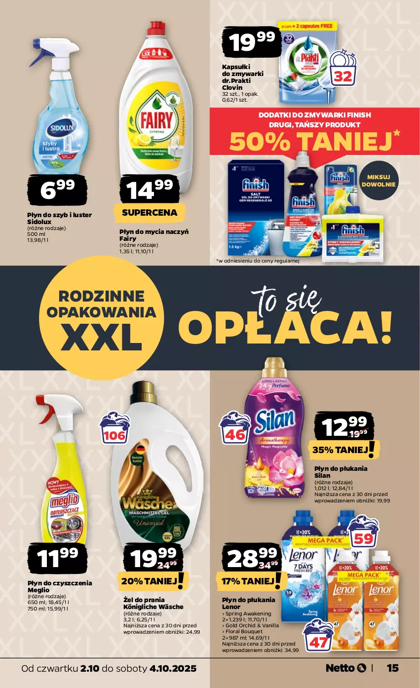 Gazetka promocyjna Netto - Od Czwartku - ważna 02.10 do 04.10.2025 - strona 15 - produkty: Do mycia naczyń, Fa, Fairy, Finish, Flora, König, Lenor, Lovi, Oral B, Płyn do mycia, Płyn do mycia naczyń, Płyn do płukania, Płyn do szyb, Sidolux, Silan, Zmywarki