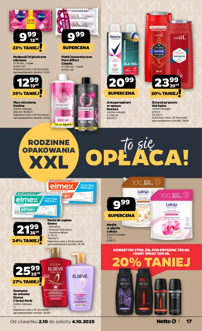 Gazetka promocyjna Netto - Od Czwartku - ważna 02.10 do 04.10.2025 - strona 17 - produkty: Antyperspirant, Body, Cleanic, Elmex, Elseve, Eveline, L’Oréal, Luksja, Mydło, Mydło w płynie, Old Spice, Pasta do zębów, Płatki kosmetyczne, Płyn micelarny, Podpaski, Pur, Rexona, Str8, Szampon
