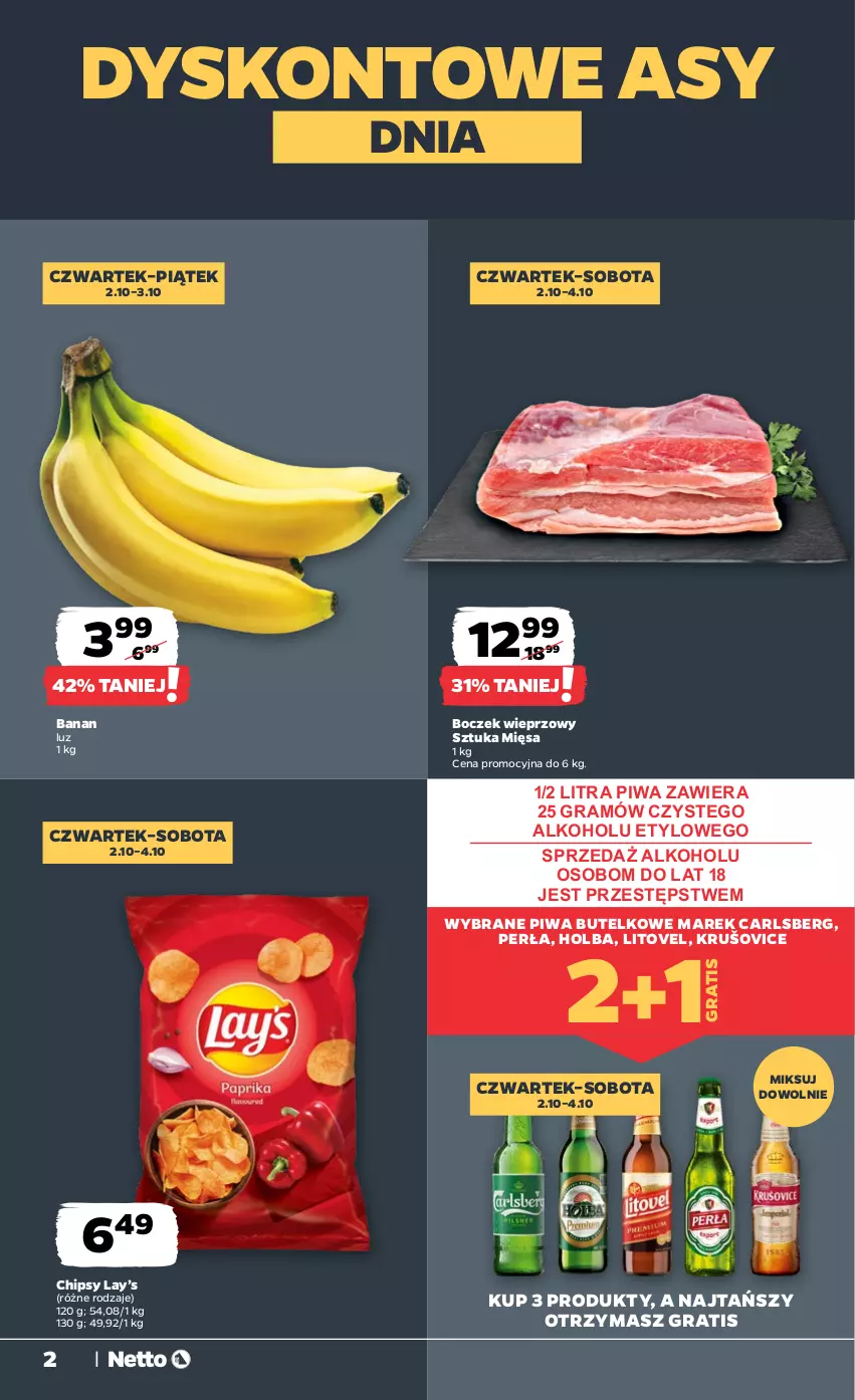 Gazetka promocyjna Netto - Od Czwartku - ważna 02.10 do 04.10.2025 - strona 2 - produkty: Boczek, Boczek wieprzowy, Carlsberg, Chipsy, Gra, Lay’s, Perła, Piwa