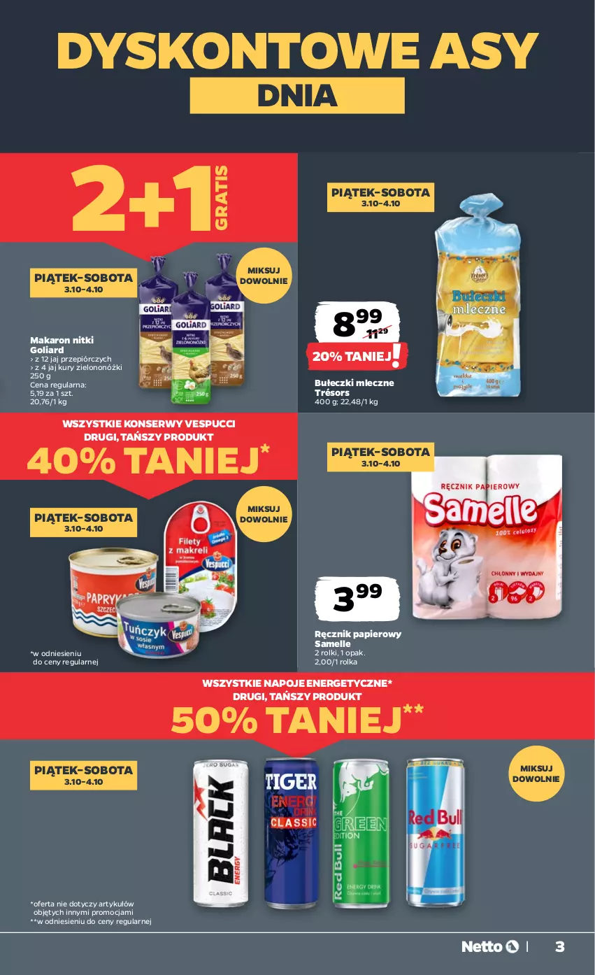 Gazetka promocyjna Netto - Od Czwartku - ważna 02.10 do 04.10.2025 - strona 3 - produkty: Bułeczki, Bułeczki mleczne, Goliard, Gra, Makaron, Napoje, Papier, Ręcznik, Rolki, Ser