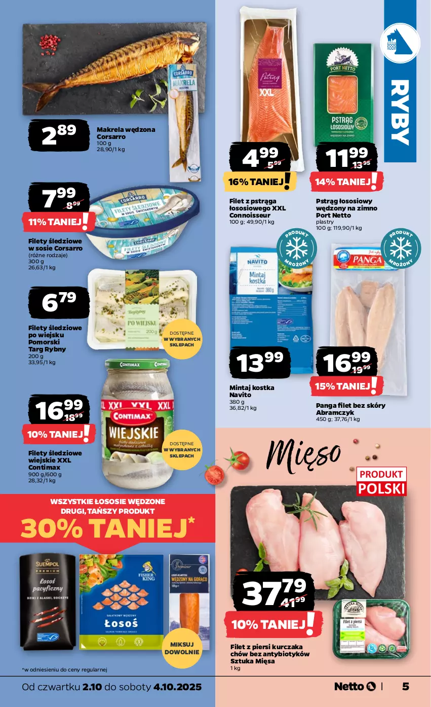 Gazetka promocyjna Netto - Od Czwartku - ważna 02.10 do 04.10.2025 - strona 5 - produkty: Filet z piersi kurczaka, Filet z pstrąga, Kurczak, Mięso, Mintaj, Panga, Por, Pstrąg, Pstrąg łososiowy, Sos