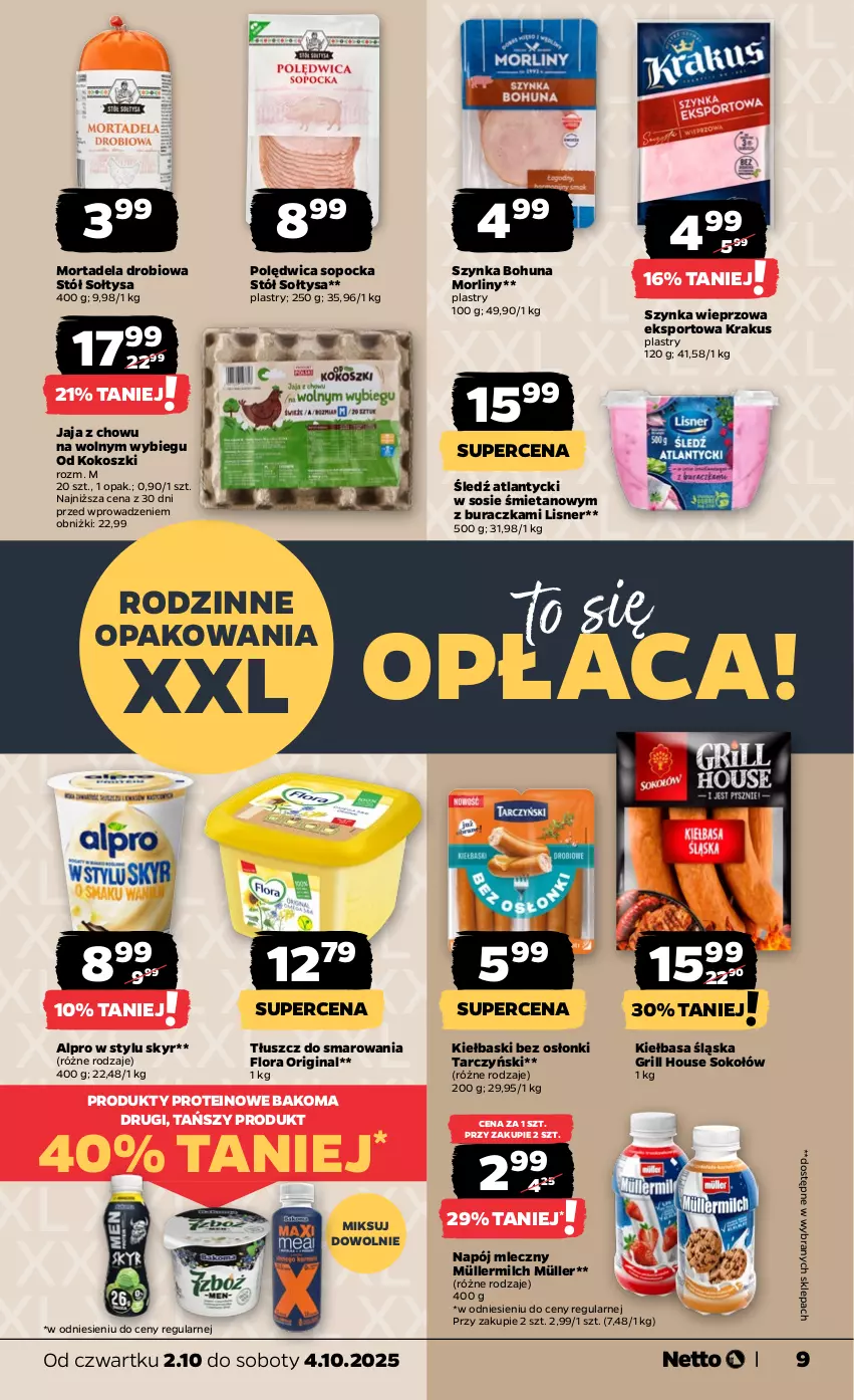 Gazetka promocyjna Netto - Od Czwartku - ważna 02.10 do 04.10.2025 - strona 9 - produkty: Alpro, Bakoma, Flora, Gin, Grill, Jaja, Kiełbasa, Kiełbasa śląska, Kokos, Kosz, Krakus, Lisner, Morliny, Müller, Müllermilch, Napój, Napój mleczny, Polędwica, Por, Sok, Sokołów, Sos, Sport, Stół, Szynka, Szynka wieprzowa, Tarczyński
