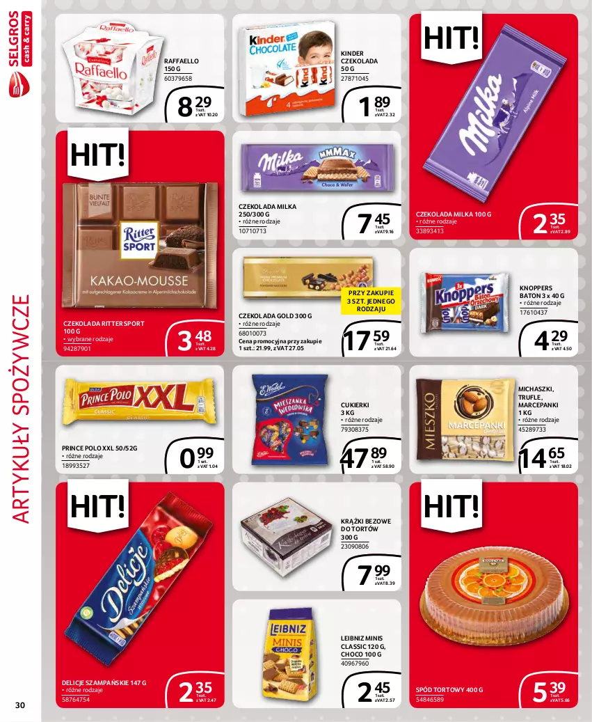 Gazetka promocyjna Selgros - Extra Oferta - ważna 01.12 do 31.12.2021 - strona 30 - produkty: Artykuły spożywcze, Baton, Cukier, Cukierki, Czekolada, Delicje, Fa, Kinder, Knoppers, Milka, Por, Prince Polo, Raffaello, Ritter Sport, Sport