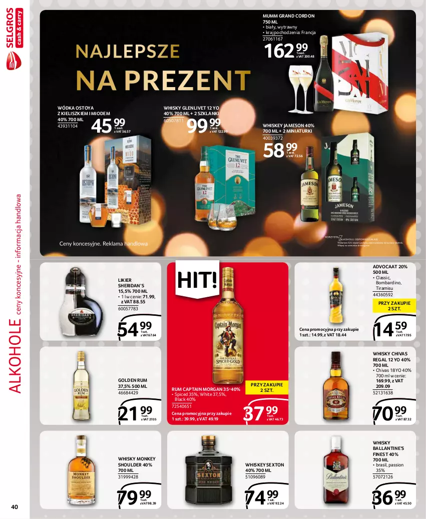 Gazetka promocyjna Selgros - Extra Oferta - ważna 01.12 do 31.12.2021 - strona 40 - produkty: Advocaat, Alkohole, Captain Morgan, Gra, Jameson, Lack, Lanki, Likier, Rum, Whiskey, Whisky, Wódka