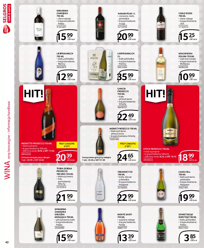 Gazetka promocyjna Selgros - Extra Oferta - ważna 01.12 do 31.12.2021 - strona 42 - produkty: Carlo Rossi, Gancia, Mionetto, Monte, Monte Santi, Mus, Prosecco, Ser, Sowietskoje Igristoje, Stock, Winiarnia Zamojska