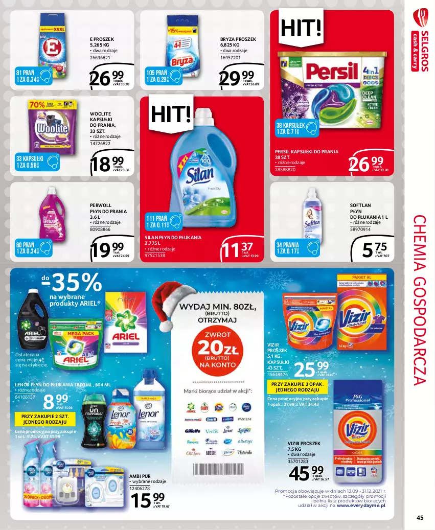 Gazetka promocyjna Selgros - Extra Oferta - ważna 01.12 do 31.12.2021 - strona 45 - produkty: Ambi Pur, Ariel, Bryza, Kapsułki do prania, Lenor, Persil, Perwoll, Płyn do płukania, Płyn do prania, Pur, Silan, Vizir, Woolite