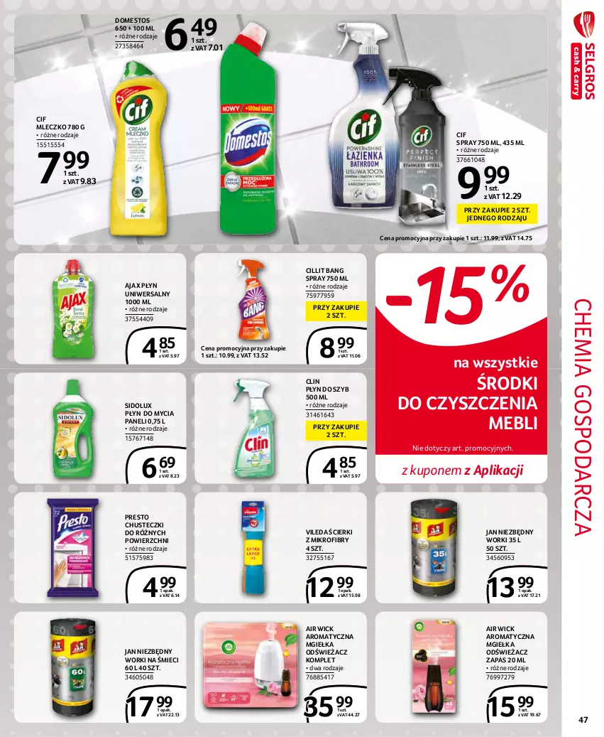 Gazetka promocyjna Selgros - Extra Oferta - ważna 01.12 do 31.12.2021 - strona 47 - produkty: Air Wick, Ajax, Chusteczki, Cif, Cillit Bang, Clin, Domestos, Jan Niezbędny, Mleczko, Płyn do mycia, Płyn do mycia paneli, Płyn do szyb, Presto, Sidolux, Vileda, Worki na śmiec, Worki na śmieci